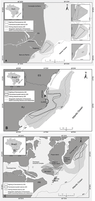 Areas of fishing, species occurrence and incidental capture of the Franciscana dolphin described by fishers through local ecological knowledge (LEK) and areas of occurrence of the species indicated in the literature: A) north of the state of Espírito Santo; B) north of the state of Rio de Janeiro; and C) state of Paraná, South Brazil. CLIPA - Complexo Logístico Industrial Portuário do Açu.