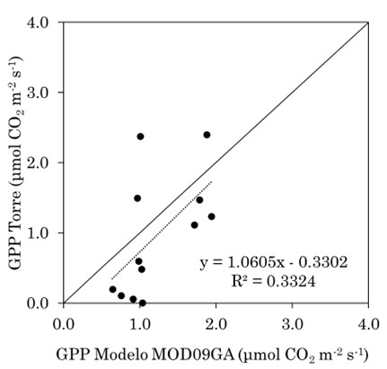 Regress�o Linear Simples entre a Produ��o Prim�ria Bruta- GPP derivada do sistema de v�rtices turbulentos, da Produ��o Prim�ria Bruta - GPP derivada Modelo desenvolvido/MOD09GA.