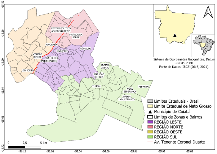 Mapa de localiza��o da �rea urbana de Cuiab� e seus limite. (IBGE, 2015, 2021)