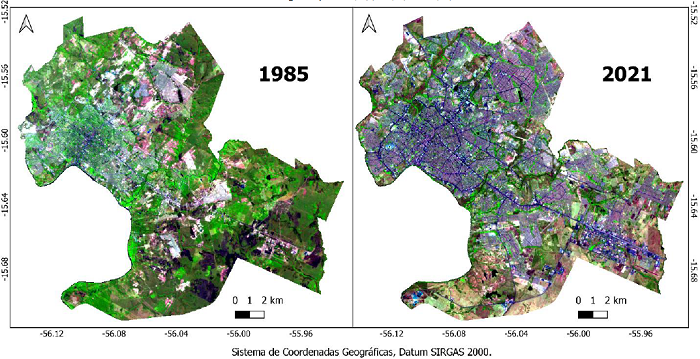 Imagem de sat�lite (1985) Landsat 5 na composi��o 3(B), 5(R) e 4(G) e (2021) Landsat 8 na composi��o 4(B), 6(R) e 5(G).