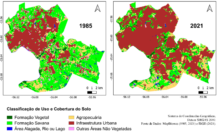 Mapa de classifica��o de Uso e cobertura do solo nos anos 1985 e 2021 (MapBiomas 1985, 2021; IBGE, 2021).