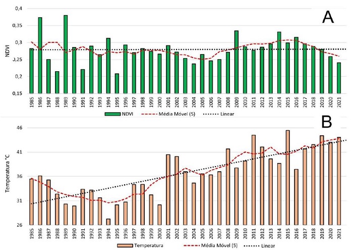 Gr�ficos das m�dias ao longo do tempo de NDVI e Temperatura de Superf�cie para a �rea urbana de Cuiab�