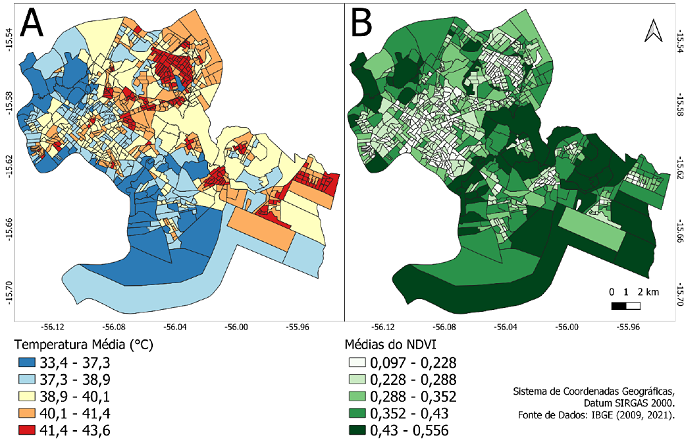 Mapas das m�dias de temperatura da superf�cie de agosto a outubro de 2009 por setor censit�rio (A). Valores M�dios de NDVI por setor censit�rio para o ano de 2009 (B) (IBGE, 2009, 2021)