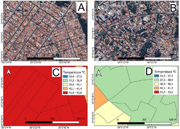 (A) Imagem de alta resolu��o da regi�o CPA e Morada da Serra. (B) Imagem de alta resolu��o da regi�o do bairro Lixeira. (C) Temperatura de superf�cie da regi�o CPA e Morada da Serra. (D) Temperatura da superf�cie da regi�o do bairro Lixeira