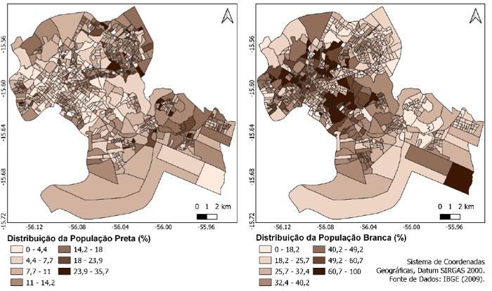 Mapa da distribui��o da popula��o preta e branca nos setores censit�rios (IBGE, 2009)