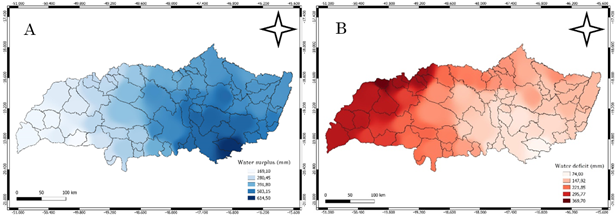 Spatial distribution of water surplus (A) and deficit (B) for the Tri�ngulo Mineiro region