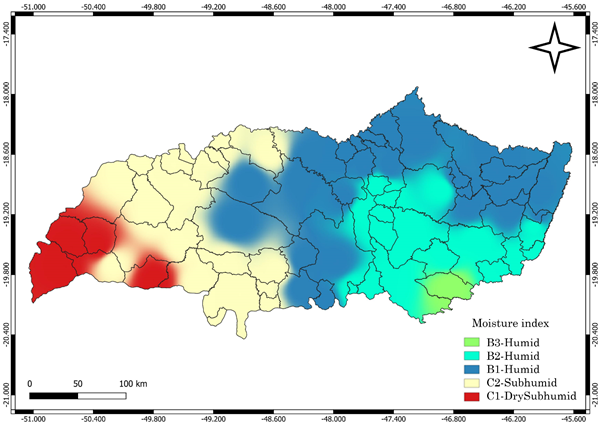Thornthwaite moisture index for the current scenario in the Tri�ngulo Mineiro region, Brazil