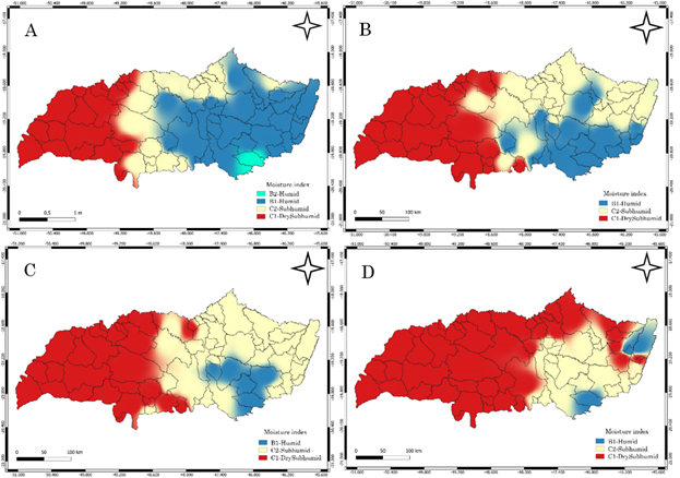Thornthwaite climatic classification for climate change scenarios in the Tri�ngulo Mineiro region, Brazil. A) RCP 2.6; B) RCP 4.5; C) RCP 6.0 and D) RCP 8.5