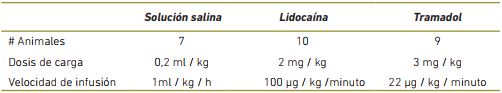 Distribuci&oacute;n de las tres Infusiones Analg&eacute;sicas Continuas estudiadas, con el n&uacute;mero de animales utilizados para cada tratamiento, dosis de carga y velocidad de infusi&oacute;n. 