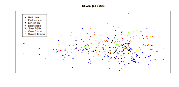 MDS de caracteres morfol&oacute;gicos de pasto recolectados en diferentes municipios de Antioquia.