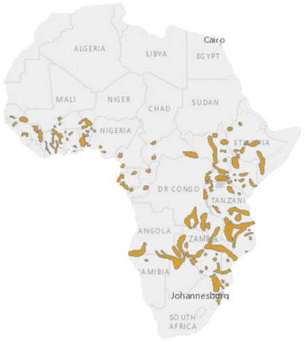 &Aacute;rea de distribuci&oacute;n natural de los hipop&oacute;tamos en el &Aacute;frica. Fuente: IUCN red list of threatened species, International Union for Conservation of Nature and Natural Resources, 2018 4. (http://www.iucnredlist.org/details/10103/0)