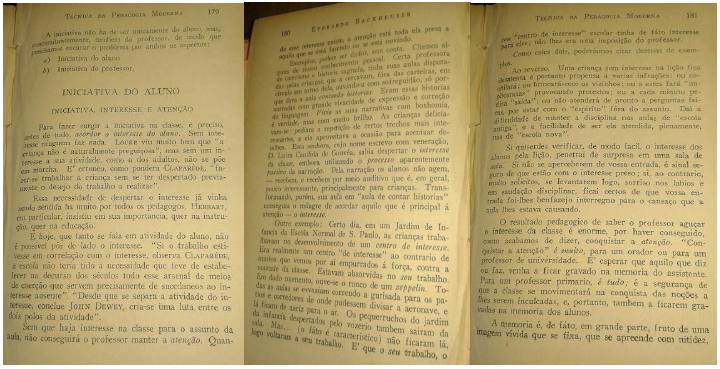 Páginas 179, 180 e 181 de Técnica da pedagogia moderna, de Everardo Backheuser, das quais a professora Ema extraiu os seus excertos.