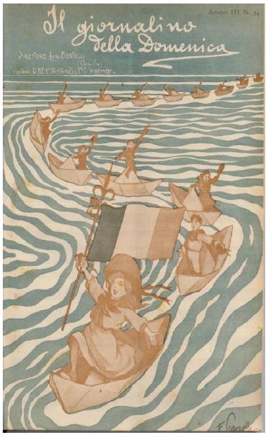 Arma la prora e salpa verso il mondo ("Arma a proa e zarpa para o mundo"), capa ilustrada por Filiberto Scarpelli, "Il Giornalino della Domenica", III, 34, 23 de agosto de 1908, Biblioteca do Centro de documentação e de pesquisa sobre a história dos livros escolares e da literatura para a infância da Universidade de Macerata (depois, Cesco), coll.: Cesco VMB.II 2 004(1909).