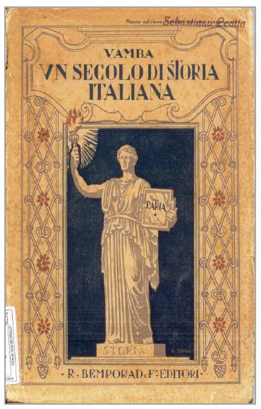 Capa ilustrada por Dino Tofani da nova edição do manual de história de Bertelli Un secolo di storia italiana (1928), Biblioteca Cesco, col.: CRM I 903.