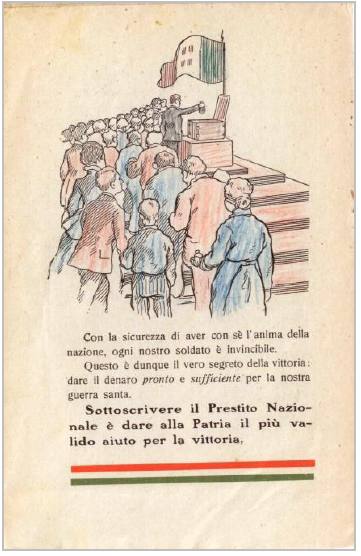 Ilustração de Filiberto Scarpelli para o opúsculo de propaganda nacional escrito por Bertelli, Il segreto della vittoria (1917), p. 8, Biblioteca Cesco, col.: Cesco LET.II 00379.
