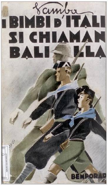 Capa da nova edição atualizada e acrescida por Aldo Valori de I Bimbi d'Italia si chiaman Balilla (1936), Biblioteca Cesco, col.: Cesco LET.II 00010.