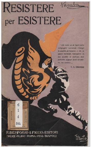 Capa ilustrada por Filiberto Scarpelli para a obra de Bertelli Resistere per esistere (1917), Biblioteca de San Severino Marche, col.: FA 5 I 1 314.