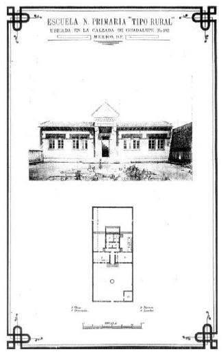 Fachada y plano. Escuela Primaria Rural.