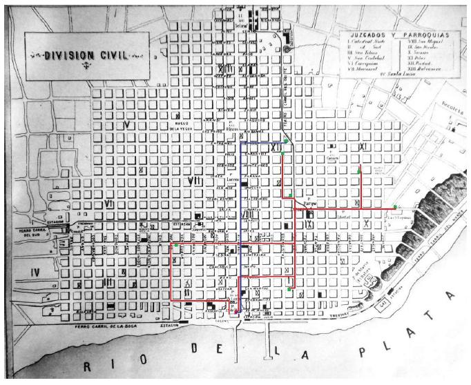 Detalle del recorrido oficial programado (rojo) y del recorrido efectivamente realizado (azul).
