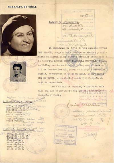 Passaporte diplomático de Gabriela Mistral. 
						