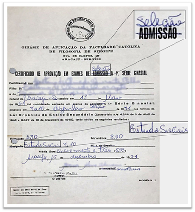 Certificado de Aprova&ccedil;&atilde;o em Exames de &ldquo;Sele&ccedil;&atilde;o&rdquo; &agrave; 1&ordf; s&eacute;rie Ginasial (1971)