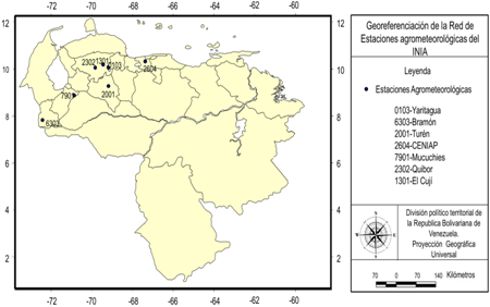 Distribución geográfica de la red de estaciones agrometeorológicas bajo estudio en Venezuela.