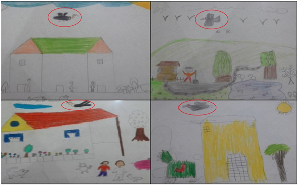 Ilustraciones de los nios de primaria-preescolar. En crculo los dibujos del Cndor Andino.