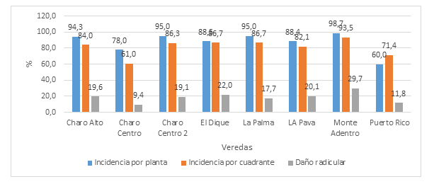 Situacin de las variables de los nemtodos radiculares por veredas de las plantaciones de pltano Hartn.