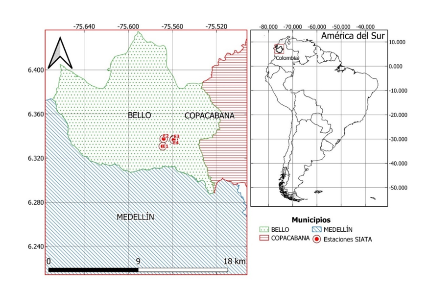 Ubicaci�n continental, nacional y regional de la zona de estudio, junto a la localizaci�n de las estaciones de medida de calidad de aire del SIATA