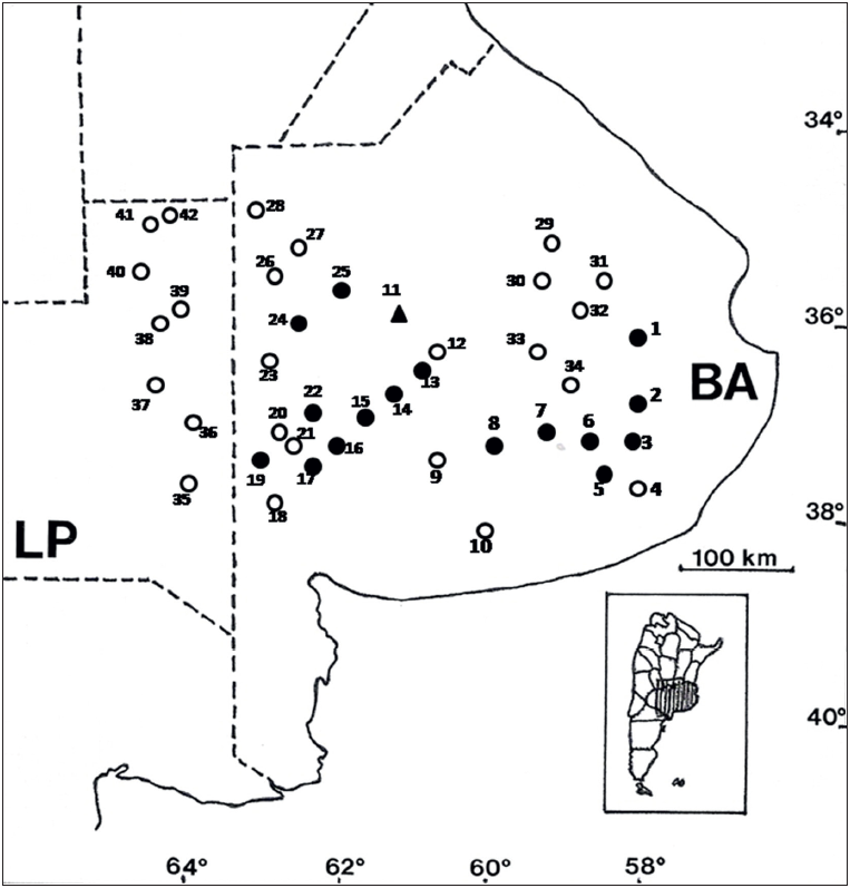 Localidades
donde fue detectada la presencia de Gregarina ronderosi en Dichroplus elongatus.