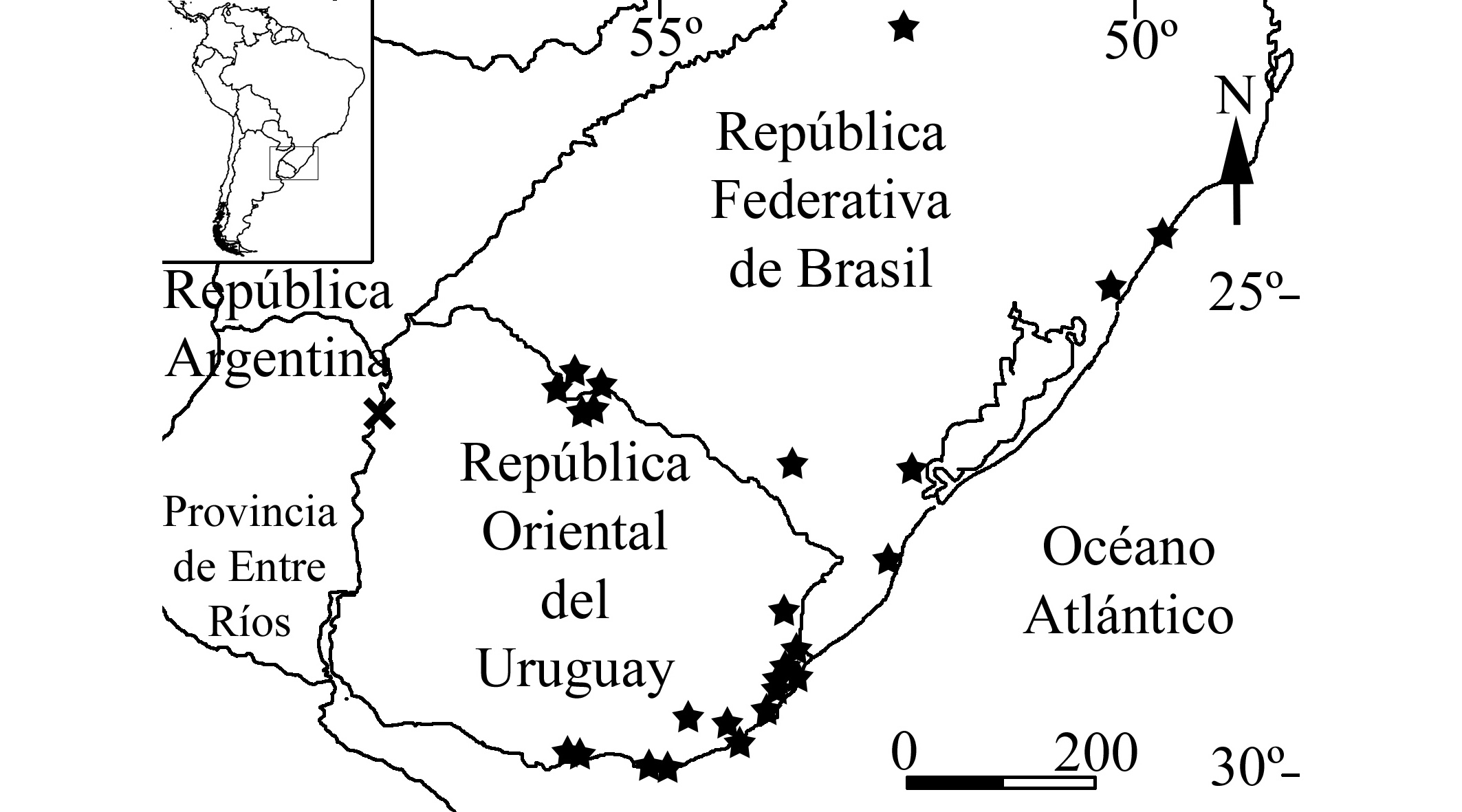 Fig.
2. Mapa con las localidades conocidas previamente (estrellas) y la nueva localidad
(cruz).