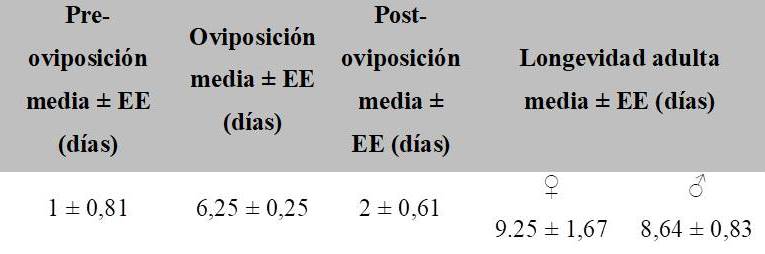 Tabla II. Duración
media en días de los períodos de pre, post y oviposición
(± EE) y longevidad adulta media por sexos (días) (± EE) de Lobesia botrana en condiciones de laboratorio:
temperatura 25 ± 2 ºC, luminosidad 16:8 L/O y humedad relativa 30-50%.
