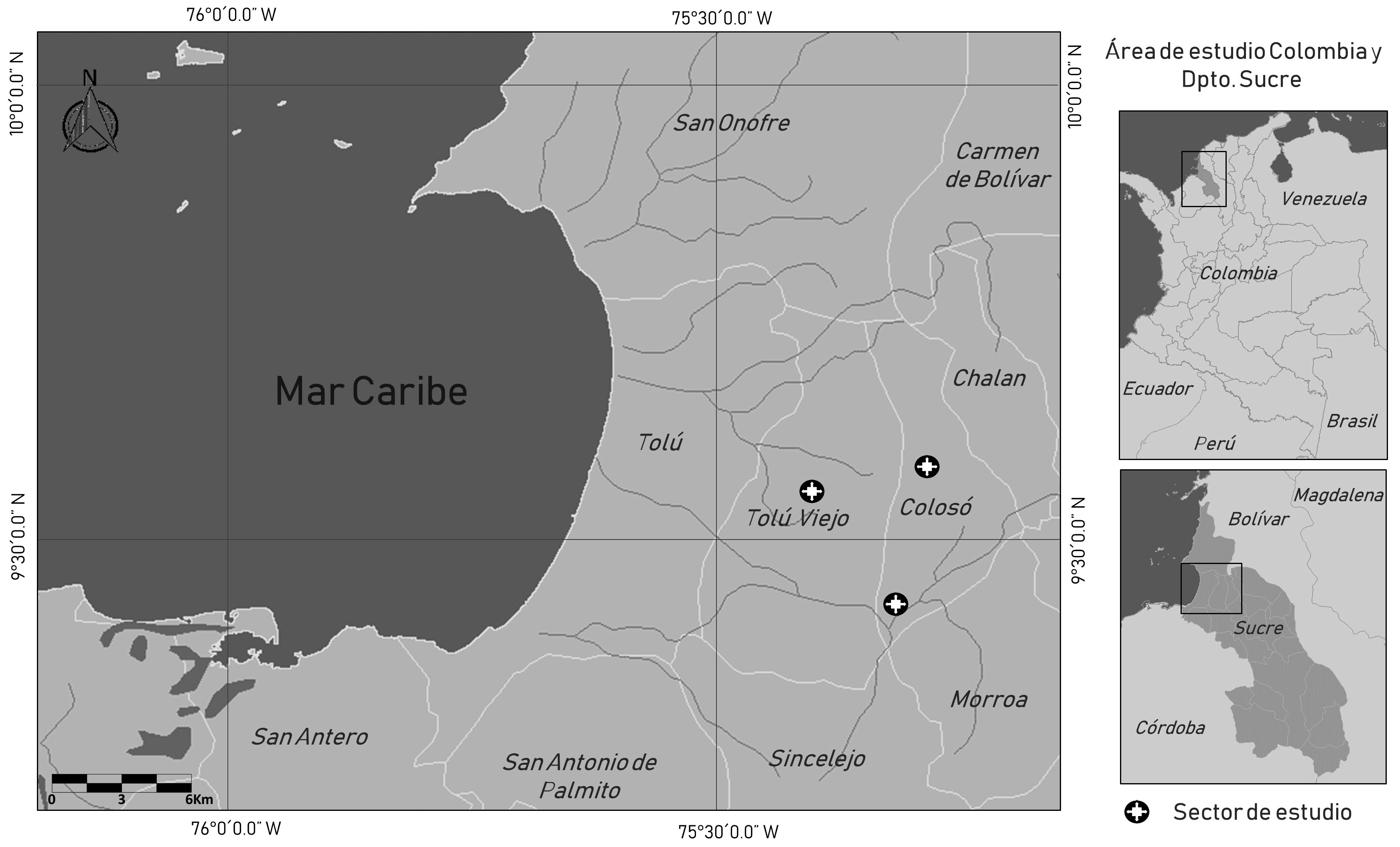 Sector de estudio y localización de cada una de las estaciones de muestreo, departamento de Sucre, Caribe
colombiano.