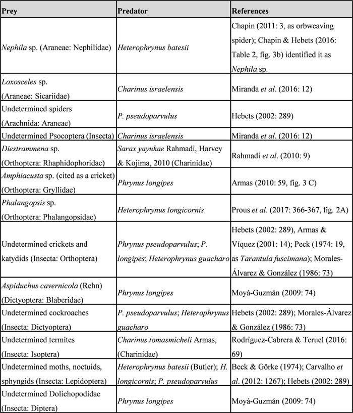 Known preys
of the amblypygids