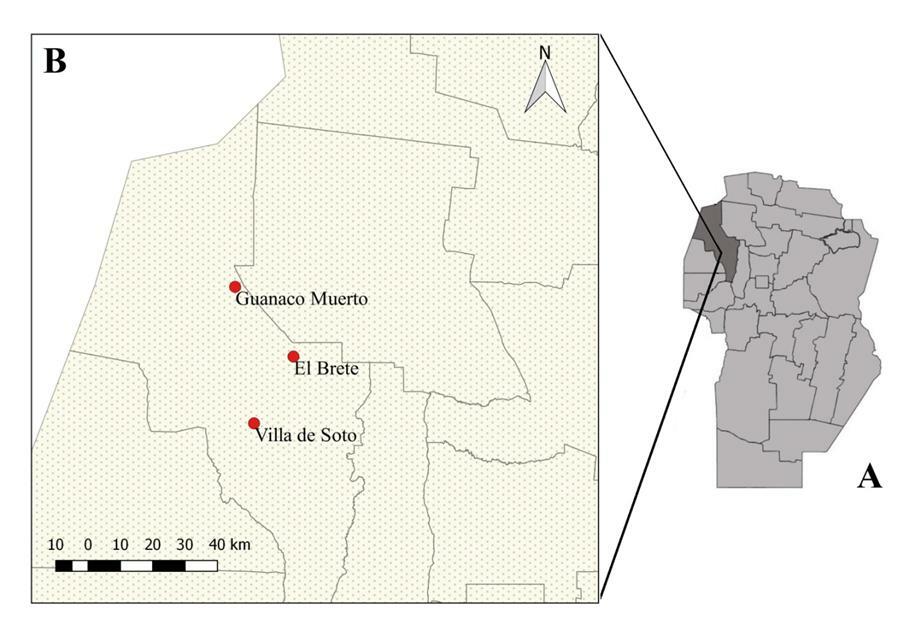 Fig. 1. A. Location of Cruz del Eje department, Cordoba province, Argentina. B. Sampling
sites (indicated with dots): Guanaco Muerto, El Brete and Villa de Soto.