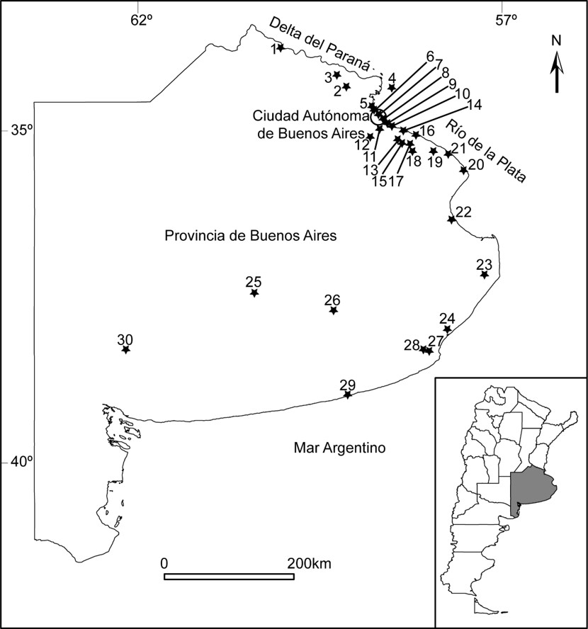 Fig. 1. Mapa de la provincia de Buenos Aires con las &aacute;reas protegidas estudiadas