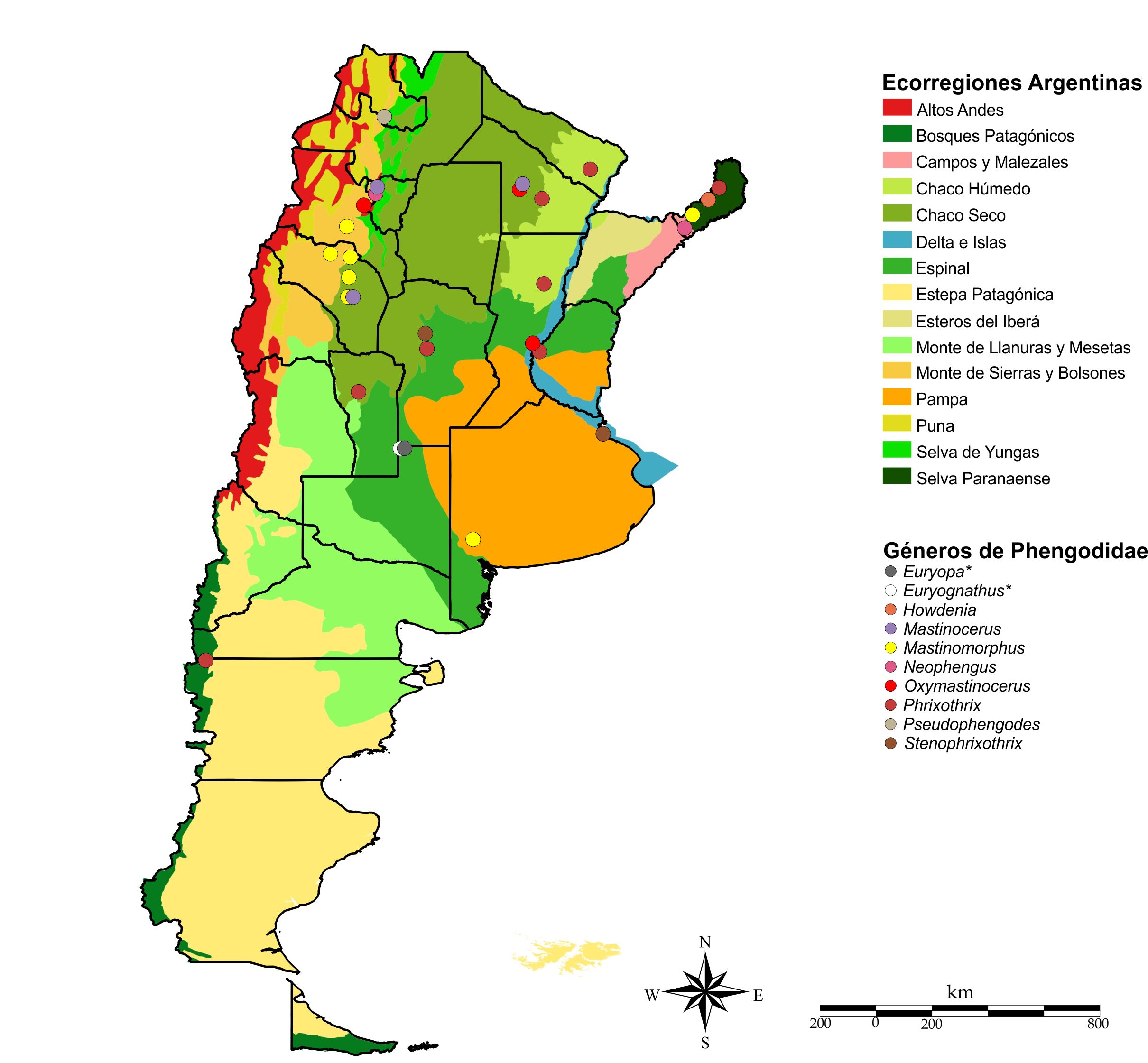Fig. 3. Ecorregiones Argentinas y distribuci&oacute;n de los g&eacute;neros de Phengodidae.