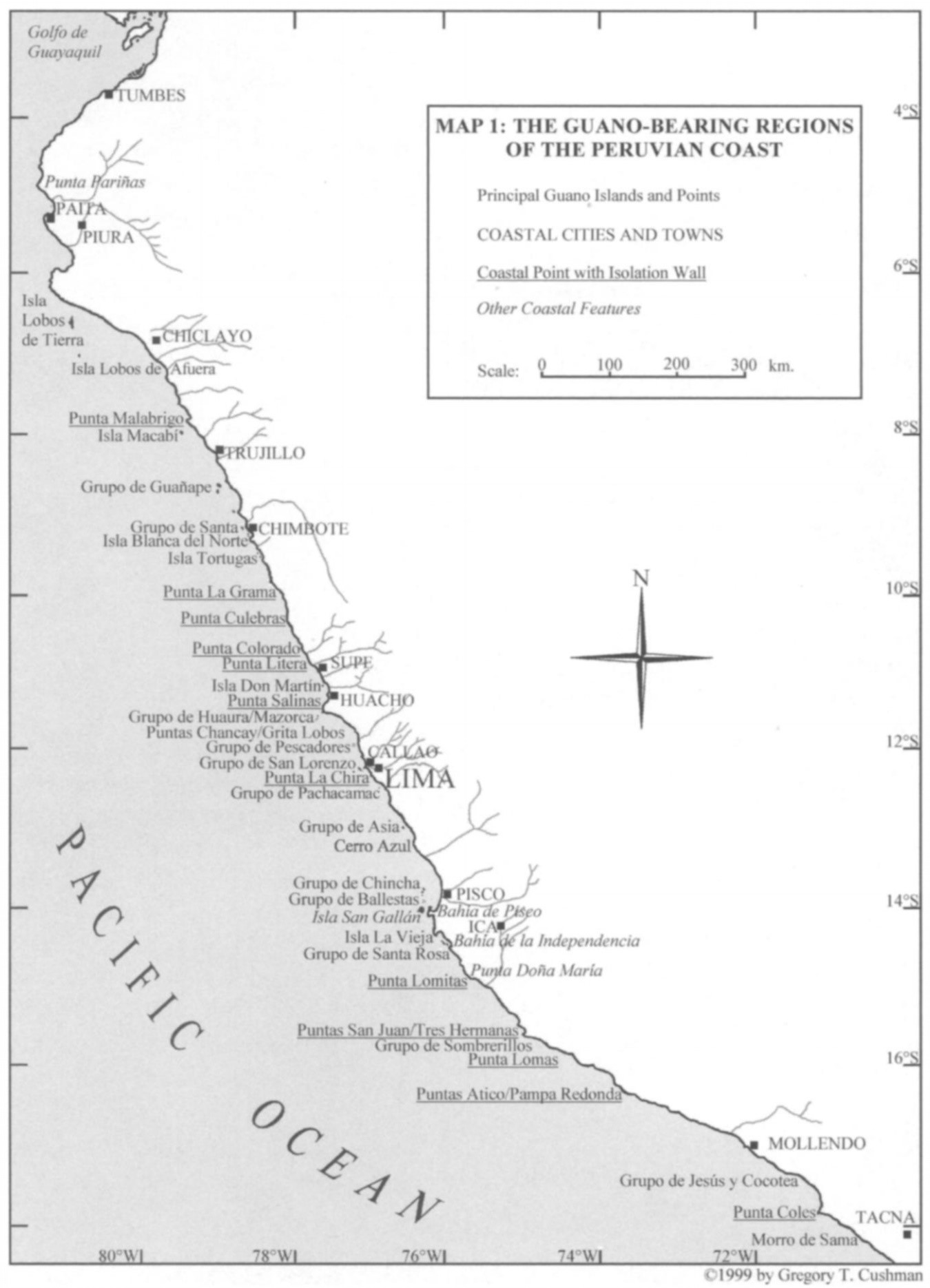 Fig. 5. Map from Cushman (2005) showing distribution of guano islands in Peru that potentially have additional populations. The Chincha Islands are located northwest of Pisco. Reproduced with permission