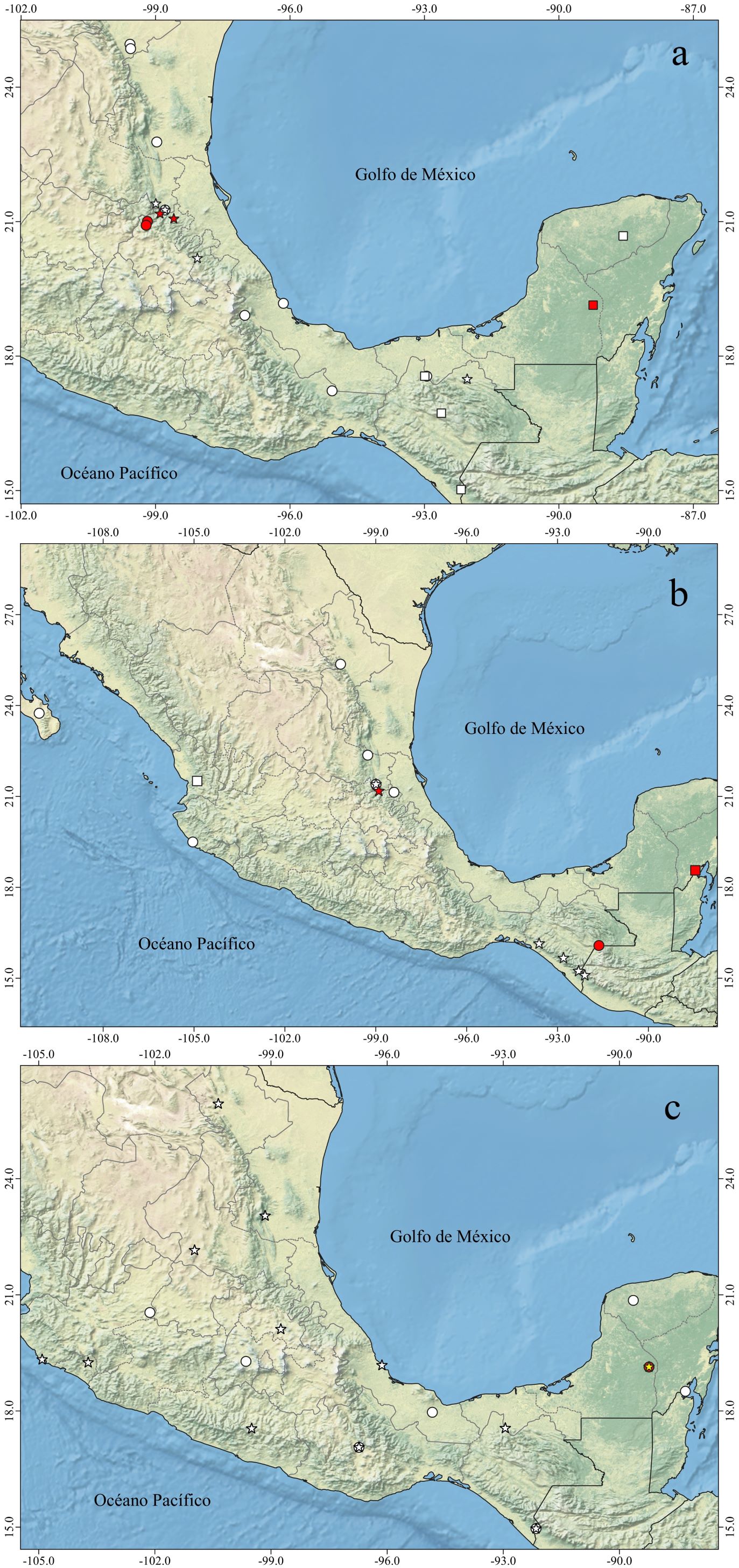 Fig. 4. a. Distribuci&oacute;n conocida de Stemmops bicolor (c&iacute;rculo), S. cambridgei (cuadrado), S. lina (estrella). b. Distribuci&oacute;n conocida de Wirada mexicana (estrella), Ariamnes mexicanus (c&iacute;rculo), Homalometa nigritarsis (cuadrado). c. Distribuci&oacute;n conocida de Mazax pax (estrella), M. ajax (c&iacute;rculo).