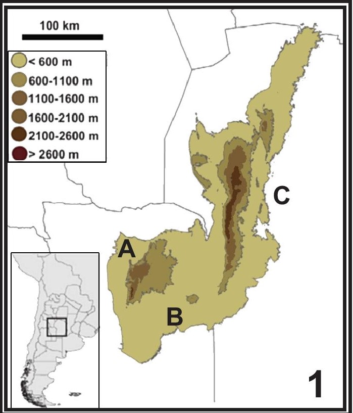 Fig. 1. Sistemas monta&ntilde;osos principales de San Luis y C&oacute;rdoba. A. Sierra de San Luis. B. Sierra del Morro. C. Sierra de Comechingones y restantes sierras de C&oacute;rdoba.