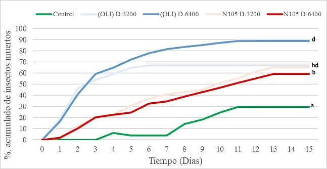 Fig. 2. Mortalidad acumulada de Periplaneta americana por Steinernema rarum.