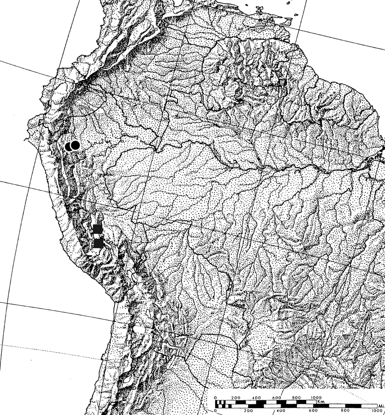 Fig. 5. Distribution of Anaides felicitae n. sp. (circles) and A. joaquini n. sp. (squares).