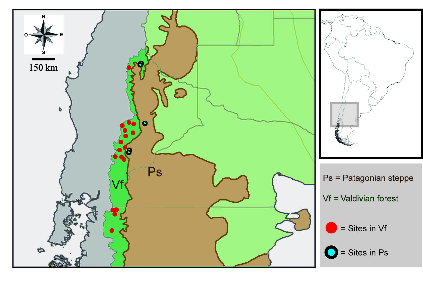 Fig. 1. Map of the study area with location of sampling sites in the Valdivian Temperate Forest and Patagonian steppe ecoregions.