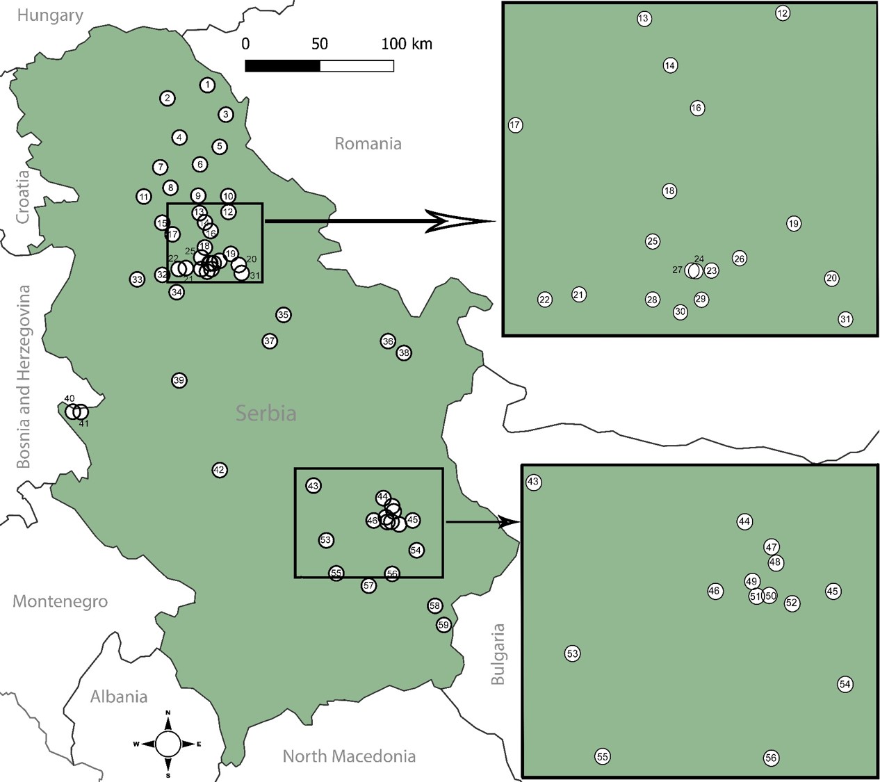 Fig 1. Map of Serbia with researched localities marked with numbers. In the two boxes, the overlapping localities are given in better resolution. Additional data on localities are presented in Table I.