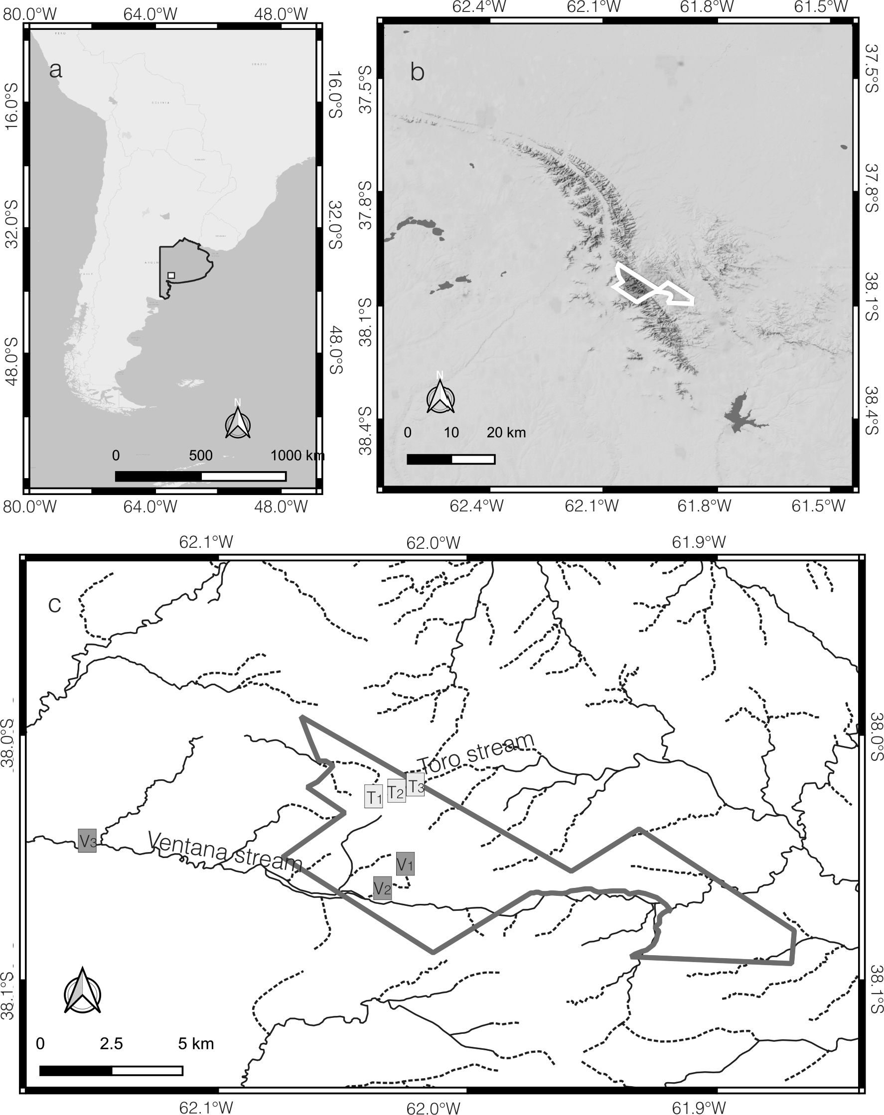 Study area. a. Map of South America. Buenos Aires province in gray, Ventania hill system in white square. b. Detail of Ventania hill system. Ernesto Tornquist provincial park (white line). c. Ernesto Tornquist provincial park (gray line) and sample sites.