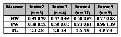 Measurements (in mm) for probable last four larval stages of H. similis.