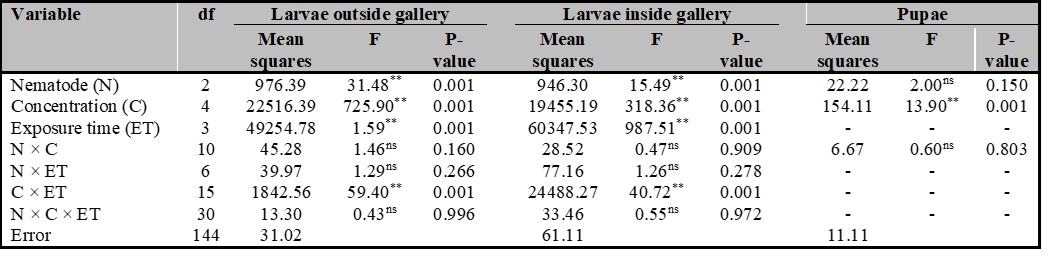 Analysis of variance of the mortality of 2nd instar larvae inside and outside gallery and pupae the tomato leafminer, Tuta absoluta affected by treatment with three species of nematodes at different concentrations and exposure times.