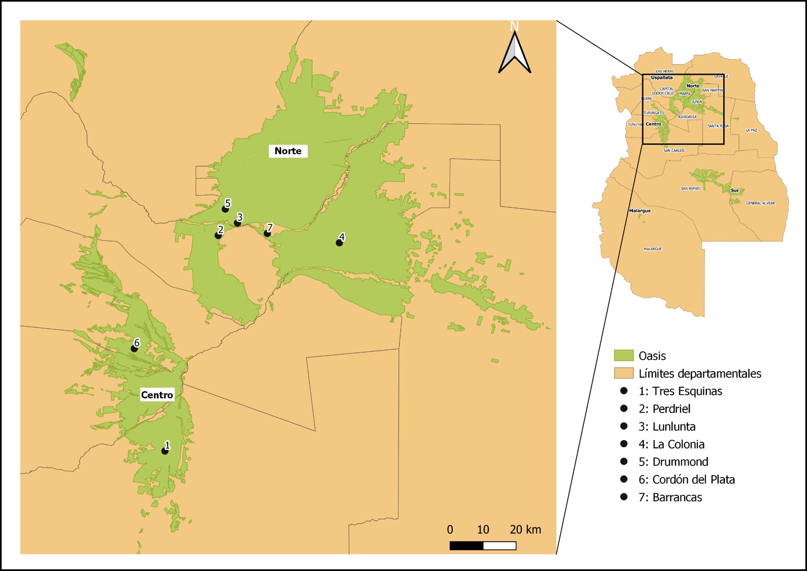 Mapa de la provincia de Mendoza indicando los oasis irrigados y sitios de muestreo.