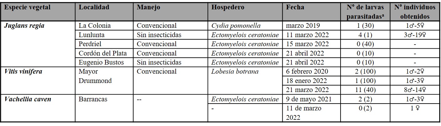 Registro de Goniozus legneri por localidad, hospedero y fecha de muestreo en la provincia de Mendoza.