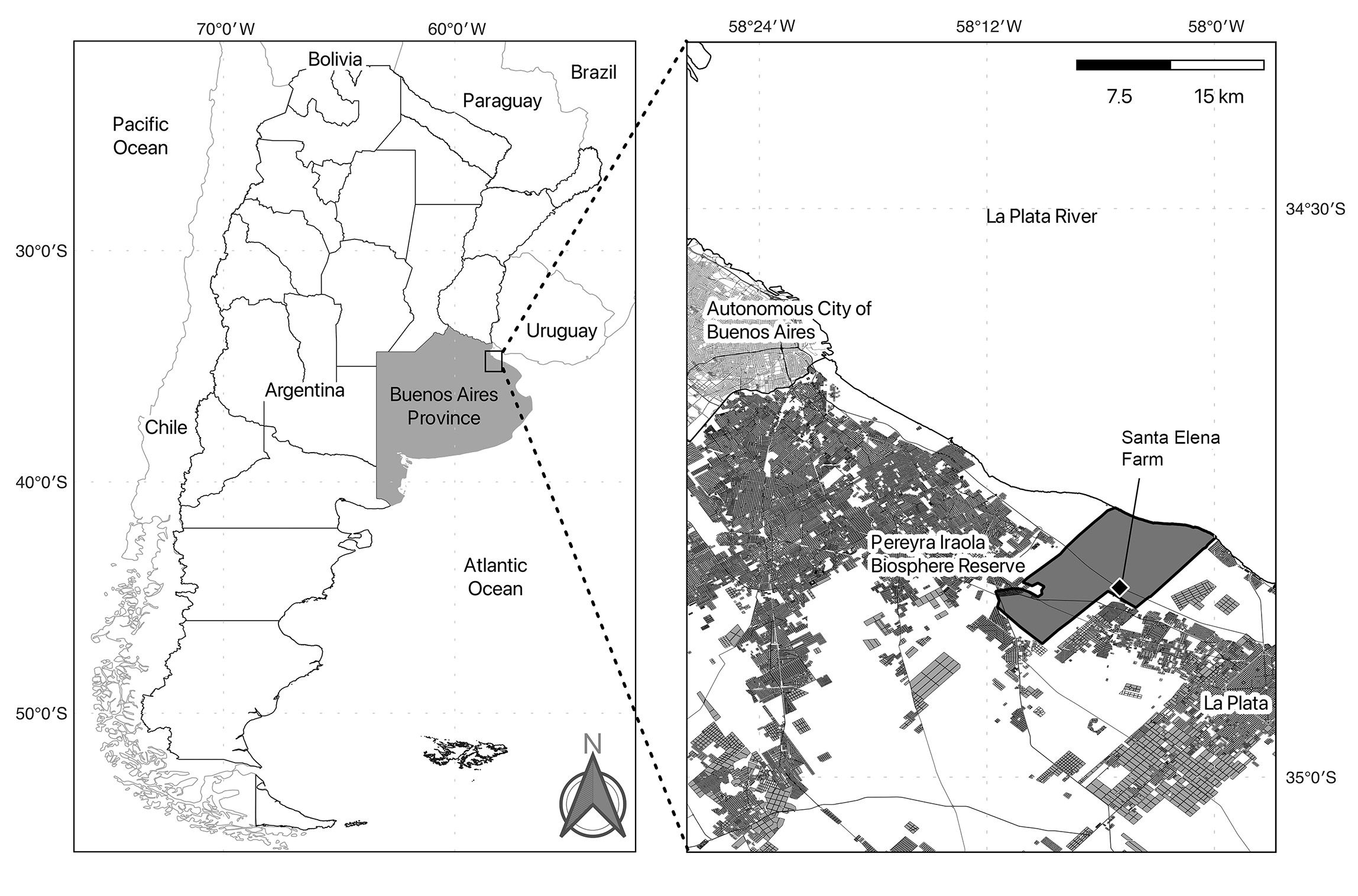  Map of the Pereyra Iraola Biosphere Reserve and the sampling location (Santa Elena Farm).